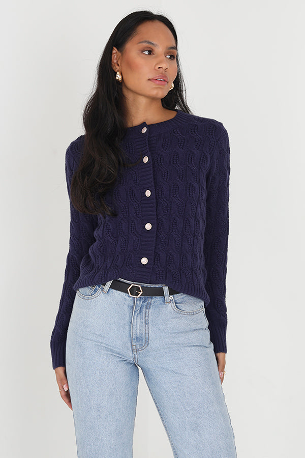 Pearl Button Detail Cable Knit Cardigan