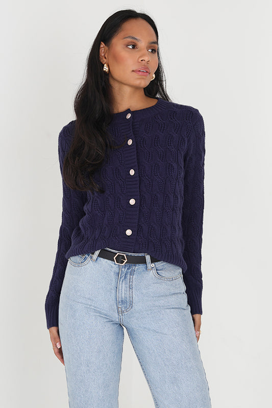Pearl Button Detail Cable Knit Cardigan