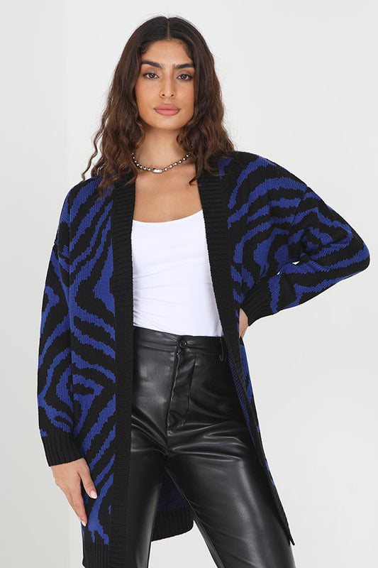 Electric Blue Animal Jacquard Design Long Cardigan