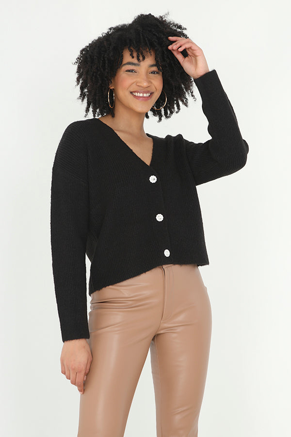 Black Relaxed Fit Button Through Rib Knit Cardigan