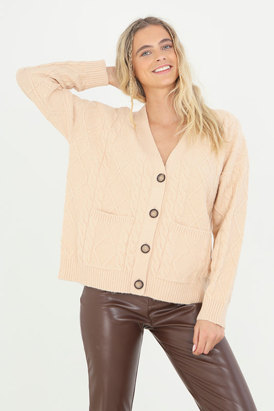Biscuit Tortoiseshell Button Cable Knit Cardigan