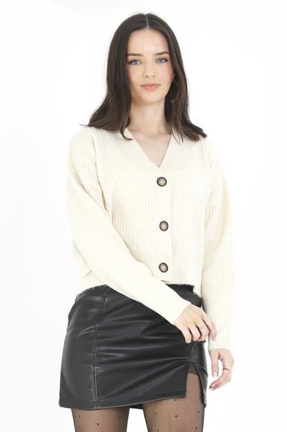 Cream Button Through V Neck Rib Knit Cardigan