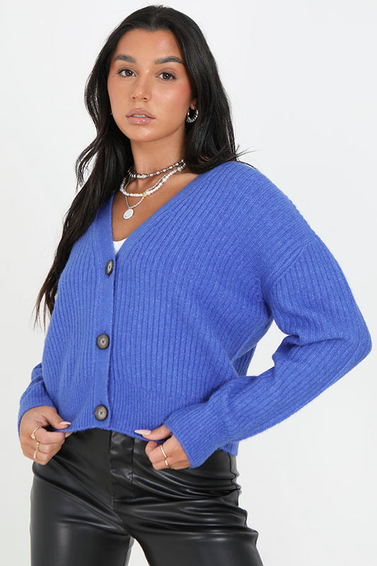 Bright Blue Button Through V Neck Rib Knit Cardigan