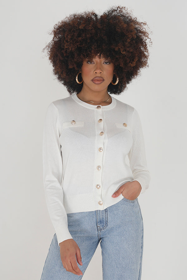 White Solid Round Neck Button Through Cardigan