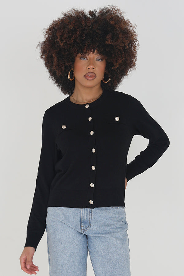 Black Solid Round Neck Button Through Cardigan