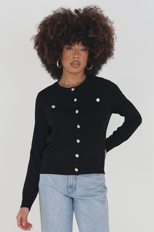 Black Solid Round Neck Button Through Cardigan