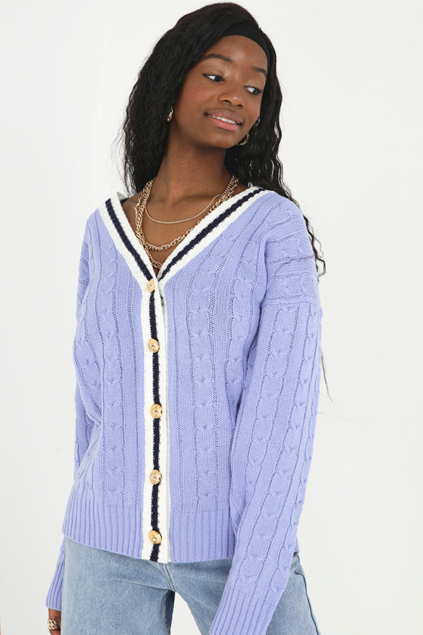 Blue Contrast Trim Long Length Cable Knit Cardigan
