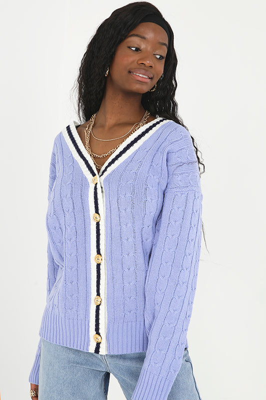 Blue Contrast Trim Long Length Cable Knit Cardigan