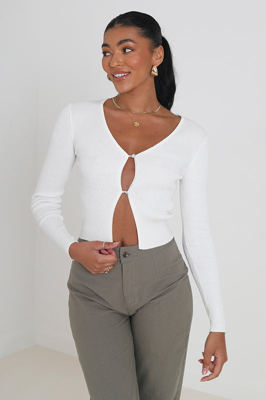 White Long Sleeve V-Neck Ribbed Cardigan
