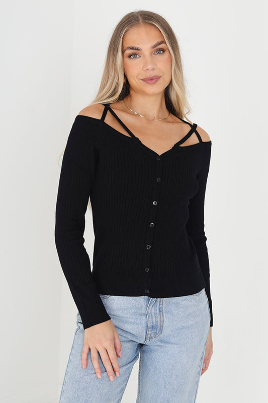Black Shoulder Cut Out Rib Knitted Cardigan