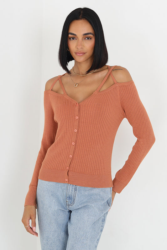 Terracotta Shoulder Cut Out Rib Knitted Cardigan