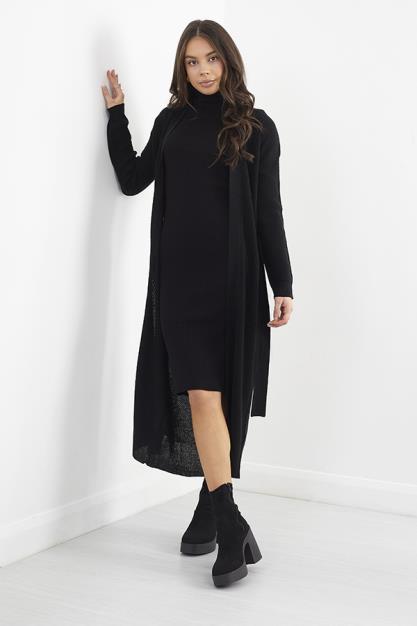 Black Edge To Edge Fisherman Rib Long Cardigan
