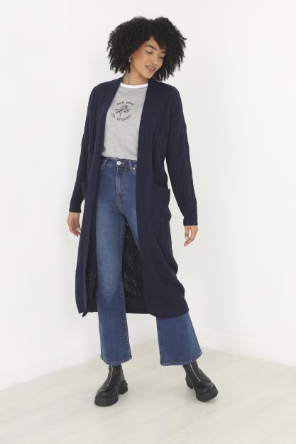 French Navy Drop Sleeve Cable Knit Cardigan
