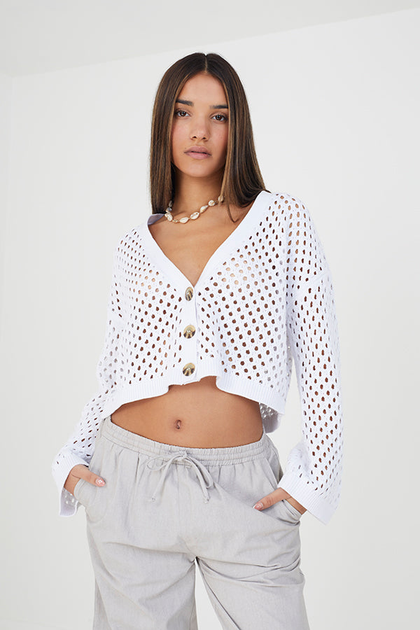 Mesh Knit Loose Fit Cardi With Tortoise Shell Buttons