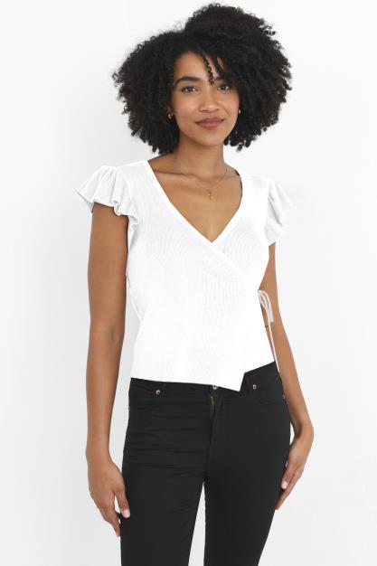 White Frilled Sleeve Ribbed V Neck Wrap Tie Top