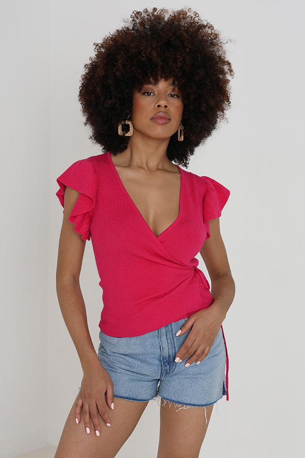 Cerise Frilled Sleeve Ribbed V Neck Wrap Tie Top