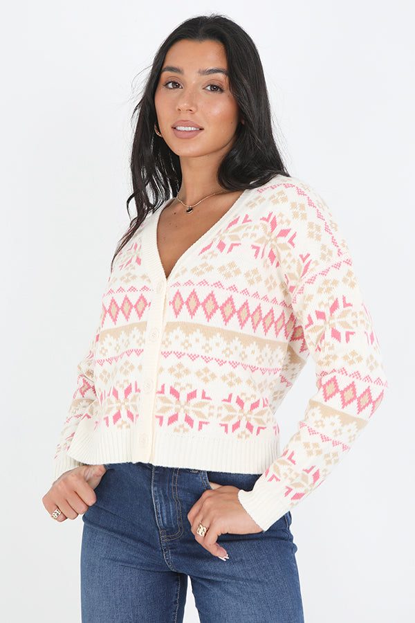 Cream And Pink Fairisle Jacquard Knit Cardigan