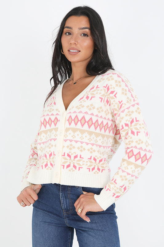 Cream And Pink Fairisle Jacquard Knit Cardigan