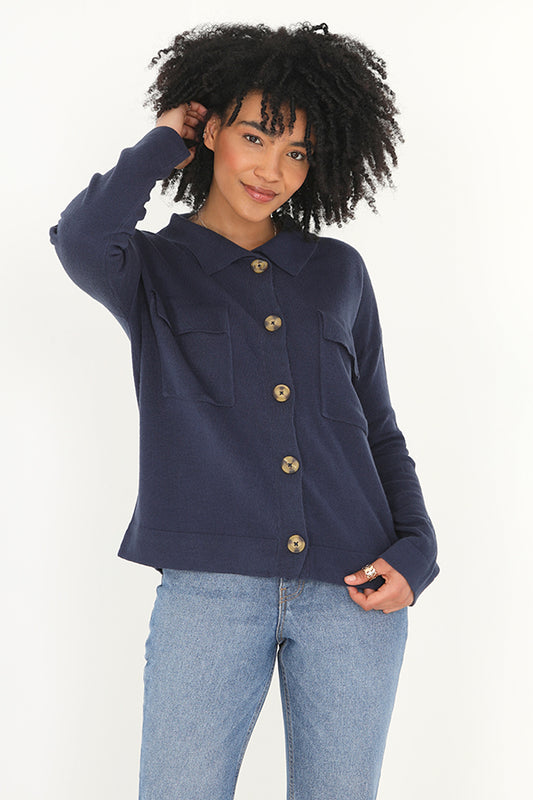 Polo Neck Button Through Fine Knit Cardigan