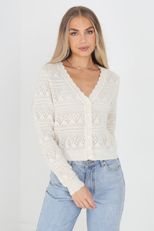 Pointelle Crochet Knit Button Up V-Neck Cardigan