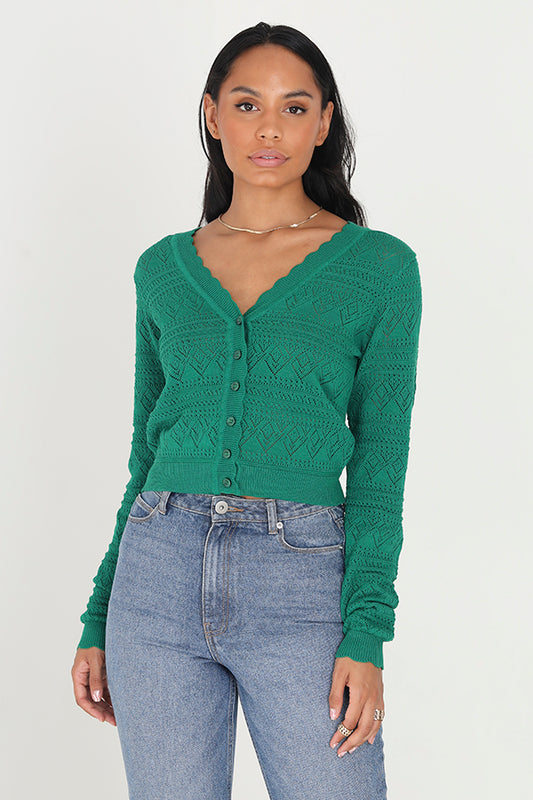 Pointelle Crochet Knit Button Up V-Neck Cardigan