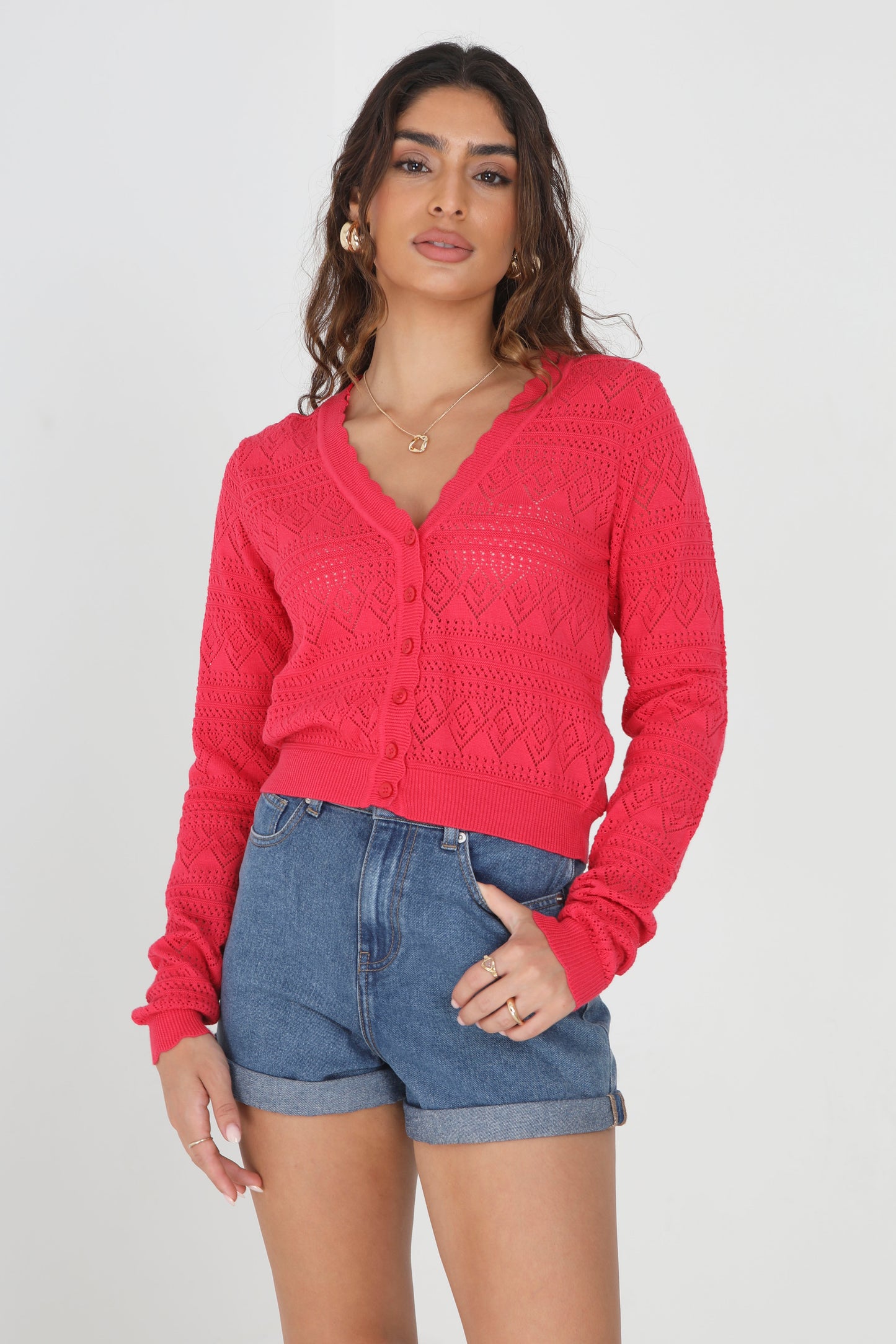 Pointelle Crochet Knit Button Up V-Neck Cardigan