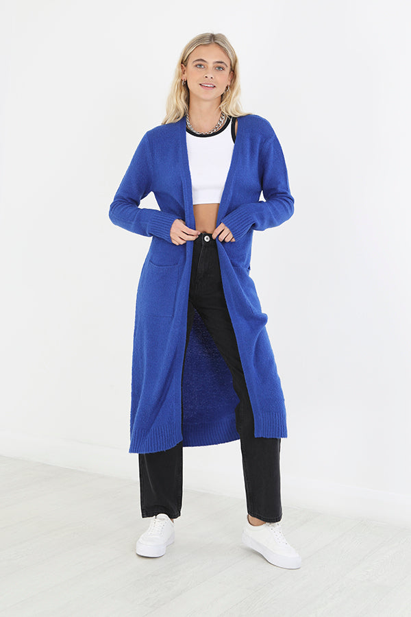 Electric Blue Longline Edge To Edge Knit Cardigan