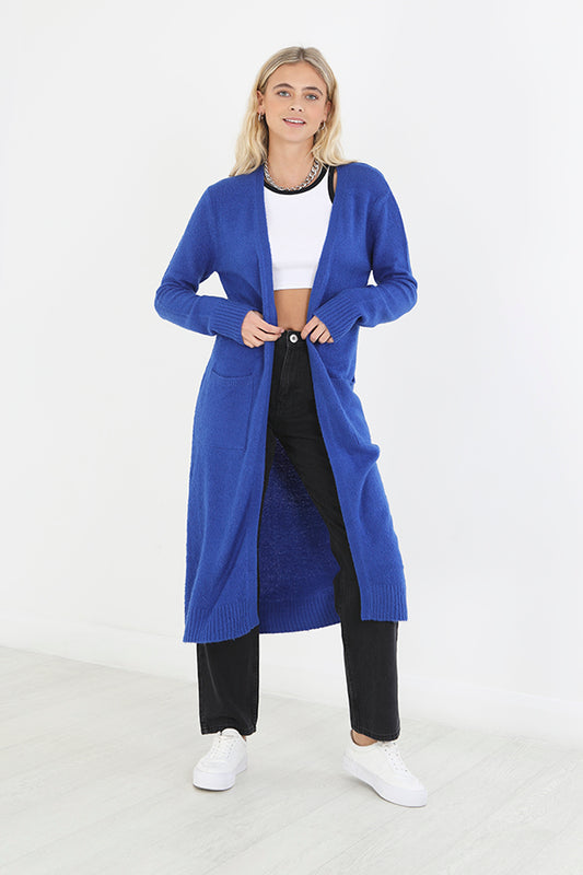 Electric Blue Longline Edge To Edge Knit Cardigan