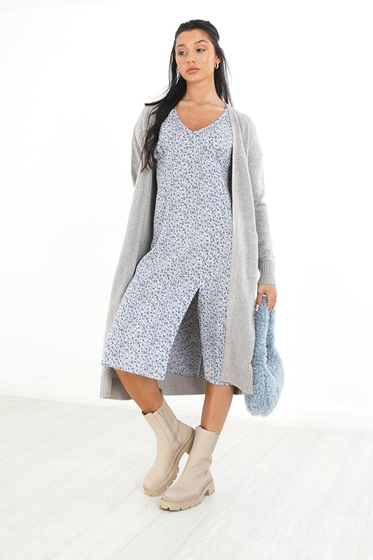 Light Grey Longline Edge To Edge Knit Cardigan