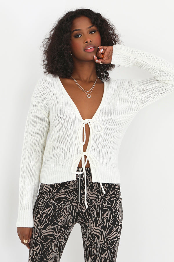 Cream Fisherman Rib Knit V-Neck Cardigan