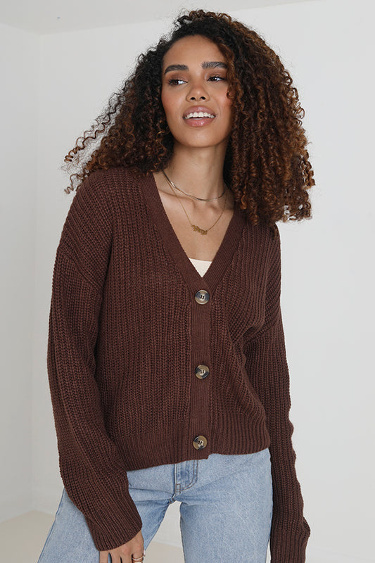 Brown Fisherman Ribbed Knit Cardigan
