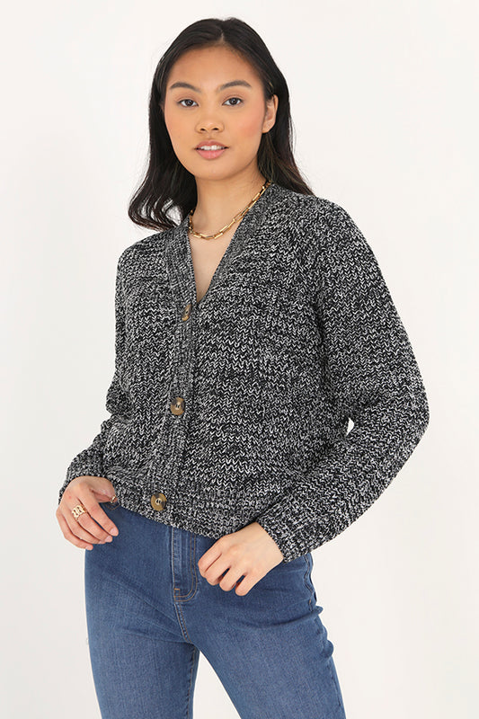 Black/White Twist V Neck Fisherman Knit Cardigan