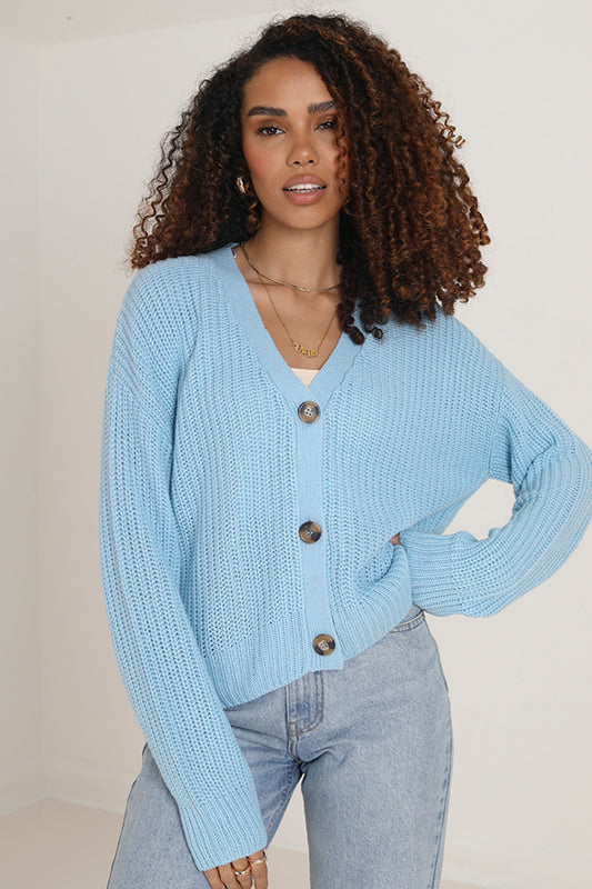 Pale Blue Fisherman Ribbed Knit Cardigan