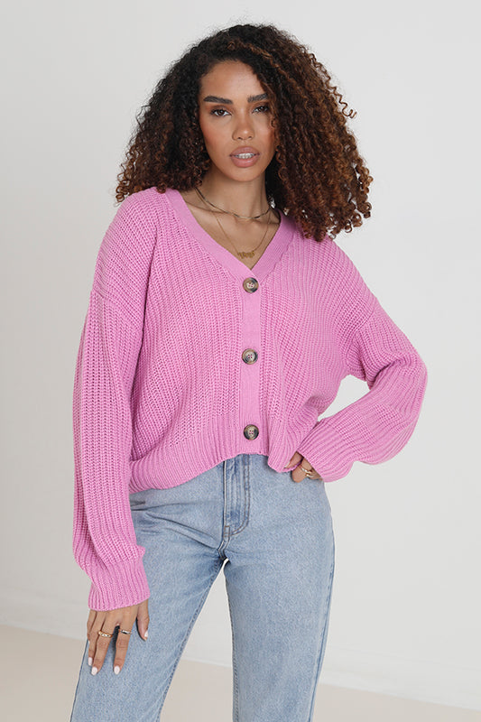 Pink Fisherman Style Ribbed Knit Cardi