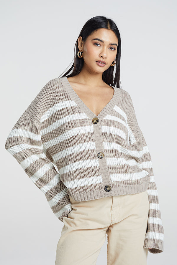 Fisherman Rib Knit Stripe Cardi