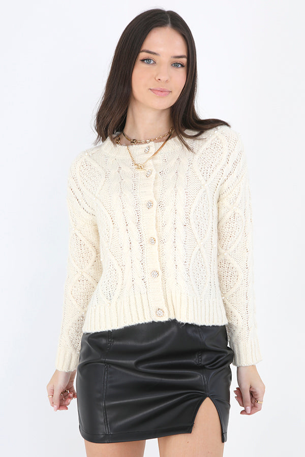 Cream Pearl Button Through Cable Knit Cardigan