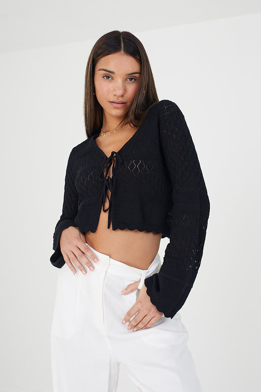 Double Tie Front Pointelle Cardie