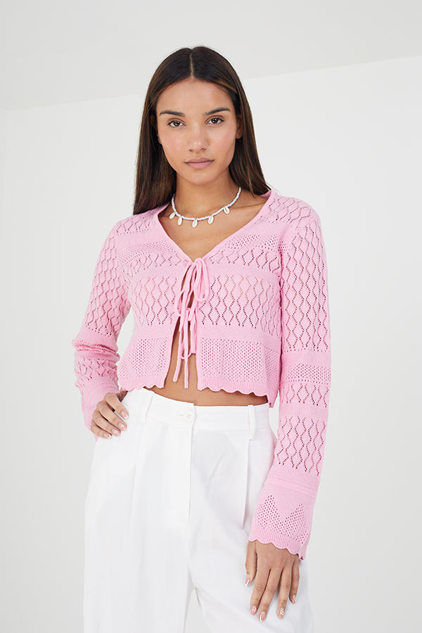 Double Tie Front Pointelle Cardie
