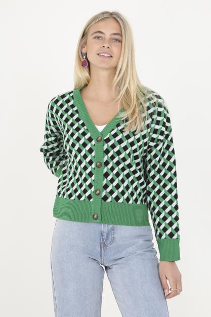 Green/Black Geometric V Neck Drop Shoulder Cardigan
