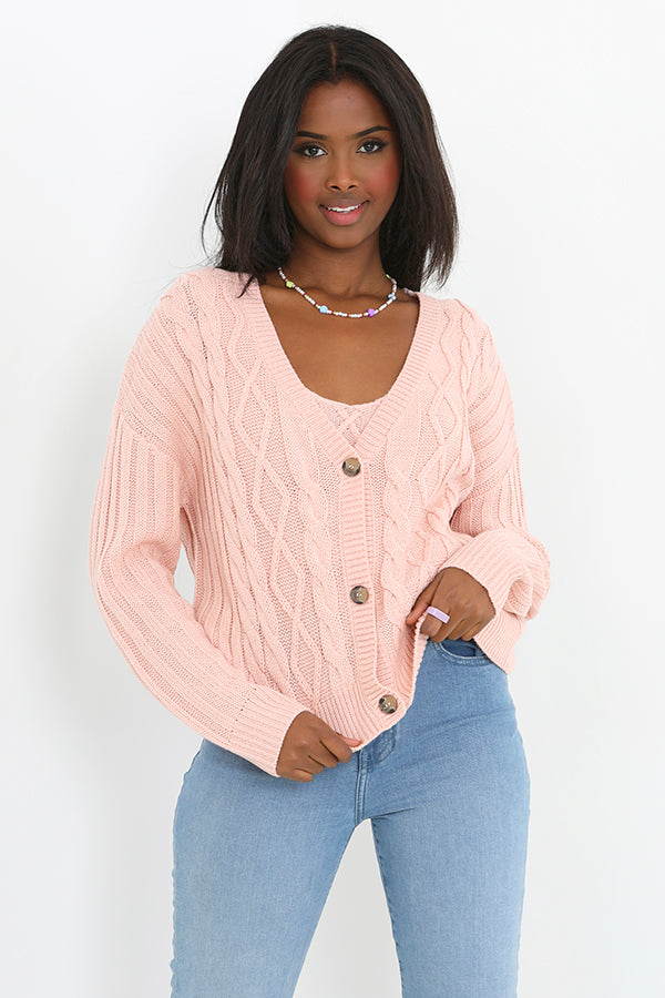 Cable Knit Ribbed Back Button Through Cardigan