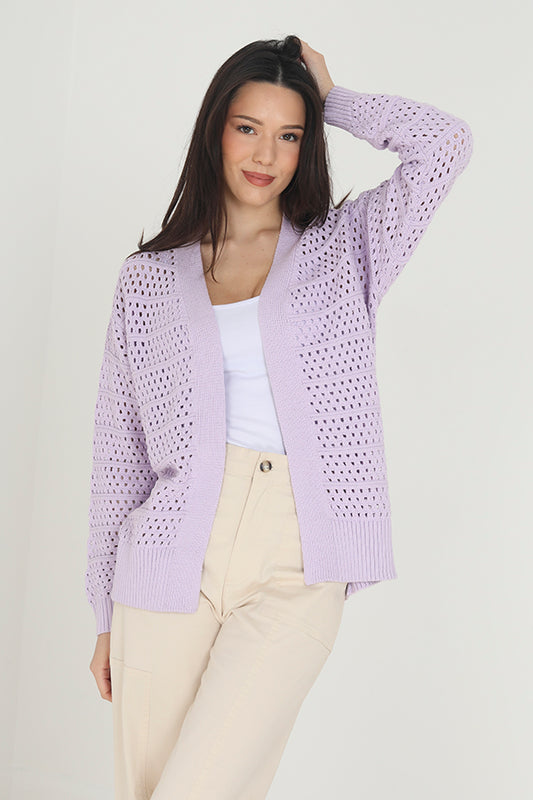 Lavender Long Sleeve Open Front Knitted Cardigan