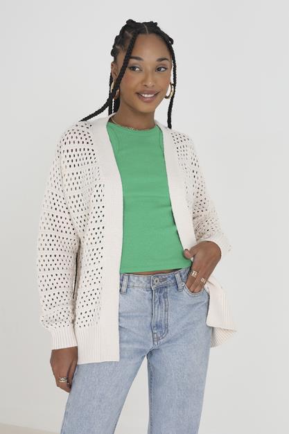 Cream Long Sleeve Open Front Knitted Cardigan
