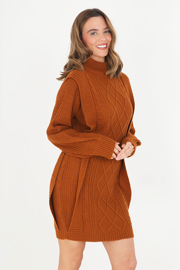 Cinnamon Shoulder Detail Cable Knit Jumper Dress