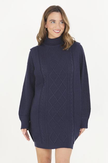 Navy Shoulder Detail Cable Knit Jumper Dress