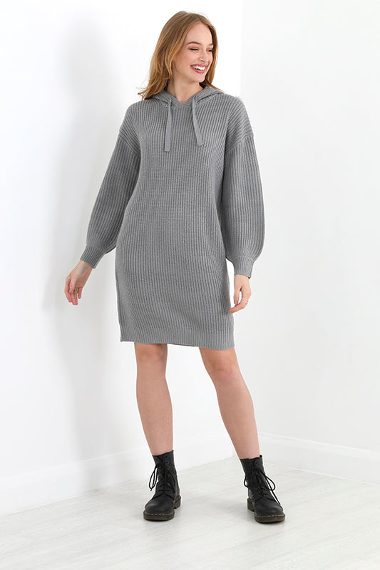 Grey Long Sleeve Hooded Fisherman Knit Jumper Dress