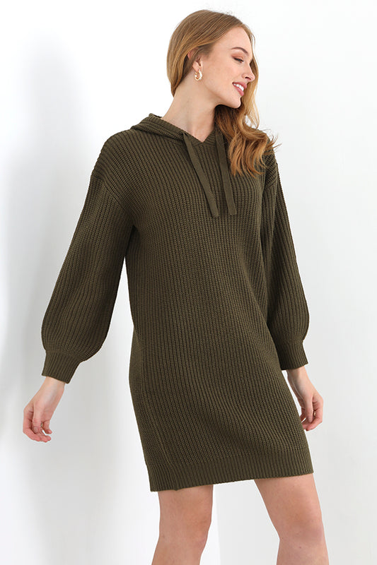 Khaki Green Hooded Fisherman Knit Jumper Dress