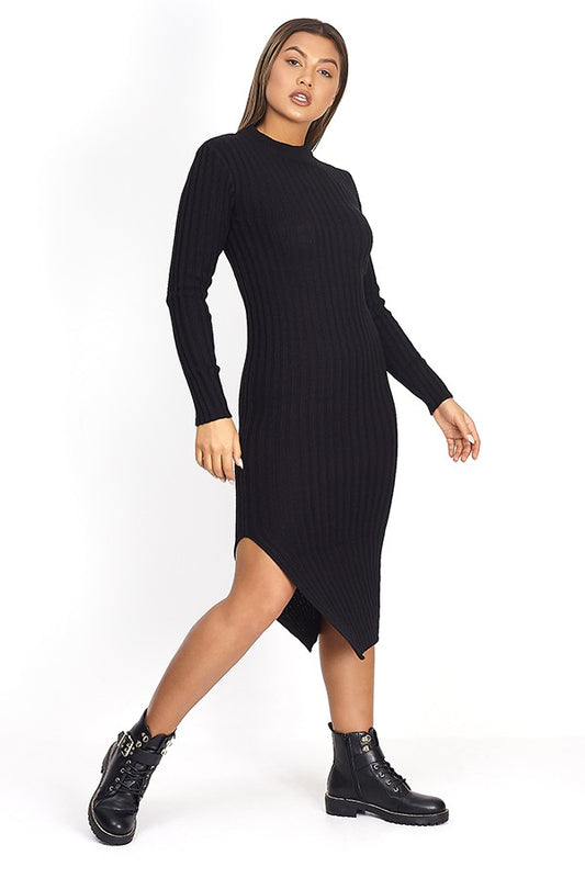 Ribbed Long Sleeve Split Hem Midi Jumper Dress