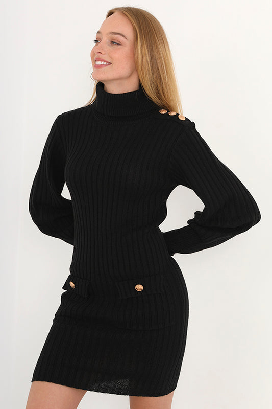 Black Turtle Neck Balloon Sleeve Jumper Dress
