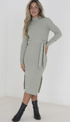 Long Sleeve Ribbed Midi Belted Dress