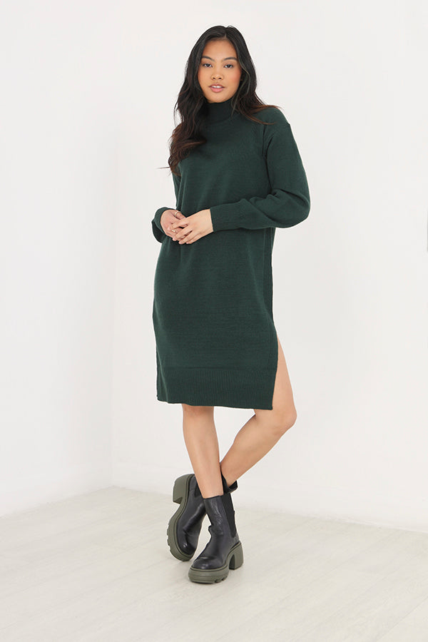 Deep Green Side Split Detail Jersey Knit Jumper Dress